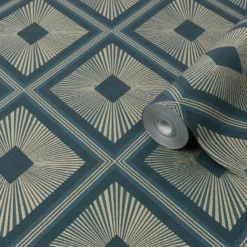 Boutique Fitz Green Geometric Metallic Effect Textured Wallpaper