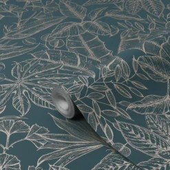 Boutique Green Leaf Metallic Effect Textured Wallpaper