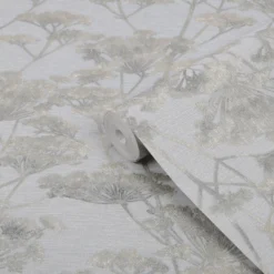 Boutique Grey Leaves Metallic Effect Textured Wallpaper