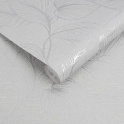 Boutique Royal Palm Grey Leaf Silver Effect Textured Wallpaper