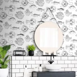 Contour White Ocean Life Monochrome Effect Smooth Wallpaper -Trade Point Sale contour white ocean life monochrome effect smooth wallpaper5011583515213 02i bq