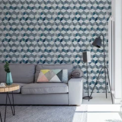 Fresco Maya Blue & Cream Geometric Smooth Wallpaper -Trade Point Sale fresco maya blue cream geometric smooth wallpaper5011583454260 01i BQ
