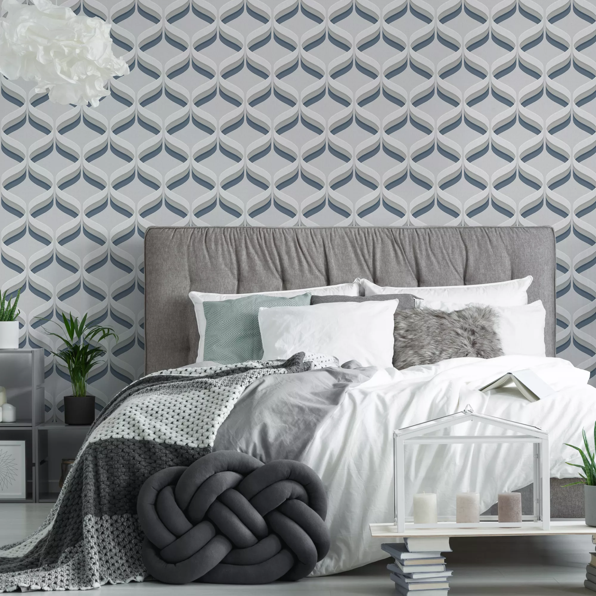 Fresco Retro Ogee Grey & Navy Smooth Wallpaper 6 Fresco Retro Ogee Grey & Navy Smooth Wallpaper - Image 4
