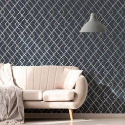 GoodHome Ashbourne Blue Geometric Metallic Effect Smooth Wallpaper -Trade Point Sale goodhome ashbourne blue geometric metallic effect smooth wallpaper5059340410623 20i