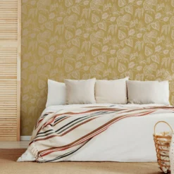 GoodHome Barnsley Ochre Leaves Metallic Effect Textured Wallpaper -Trade Point Sale goodhome barnsley ochre leaves metallic effect textured wallpaper5059340410517 01i