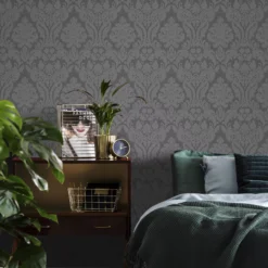 GoodHome Chalfont Charcoal Damask Glitter Effect Textured Wallpaper -Trade Point Sale goodhome chalfont charcoal damask glitter effect textured wallpaper5059340410708 20i