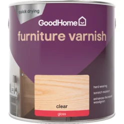 GoodHome Clear Gloss Multi-surface Furniture Wood Varnish, 2.5L -Trade Point Sale goodhome clear gloss multi surface furniture wood varnish 2 5l5059340486611 02c