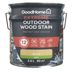 GoodHome Extreme Outdoor Light Oak Satin Quick Dry Wood Stain, 2.5L -Trade Point Sale goodhome extreme outdoor light oak satin quick dry wood stain 2 5l5059340297521 02c