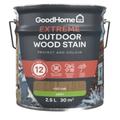 GoodHome Extreme Outdoor Mid Oak Satin Quick Dry Wood Stain, 2.5L -Trade Point Sale goodhome extreme outdoor mid oak satin quick dry wood stain 2 5l5059340297538 02c
