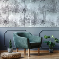 GoodHome Kitley Black & Grey Trees Metallic Effect Smooth Wallpaper -Trade Point Sale goodhome kitley black grey trees metallic effect smooth wallpaper5059340410319 20i