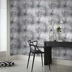 GoodHome Kitley Black & Grey Trees Metallic Effect Smooth Wallpaper -Trade Point Sale goodhome kitley black grey trees metallic effect smooth wallpaper5059340410319 21i