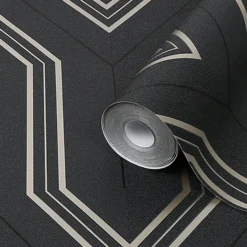 GoodHome Lisle Charcoal Geometric Metallic Effect Textured Wallpaper
