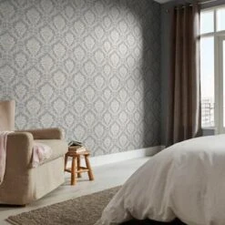 GoodHome Mire Grey Damask Woven Effect Textured Wallpaper -Trade Point Sale goodhome mire grey damask woven effect textured wallpaper3663602559887 02i bq