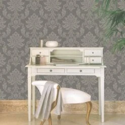 GoodHome Ormonde Charcoal Damask Metallic Effect Textured Wallpaper -Trade Point Sale goodhome ormonde charcoal damask metallic effect textured wallpaper5059340410289 01i