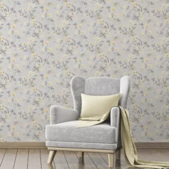 GoodHome Sandridge Grey & Yellow Floral Metallic Effect Smooth Wallpaper -Trade Point Sale goodhome sandridge grey yellow floral metallic effect smooth wallpaper5059340433455 20i