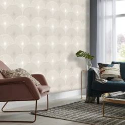 GoodHome Zamia Beige Art Deco Silver Effect Textured Wallpaper -Trade Point Sale goodhome zamia beige art deco silver effect textured wallpaper3663602561071 01i