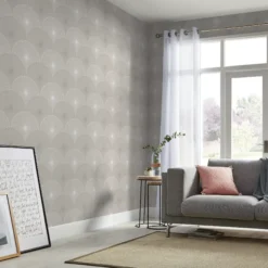 GoodHome Zamia Beige Art Deco Silver Effect Textured Wallpaper -Trade Point Sale goodhome zamia beige art deco silver effect textured wallpaper3663602561071 02i