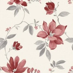 Ideco Home Magnolia Cream & Red Floral Smooth Wallpaper