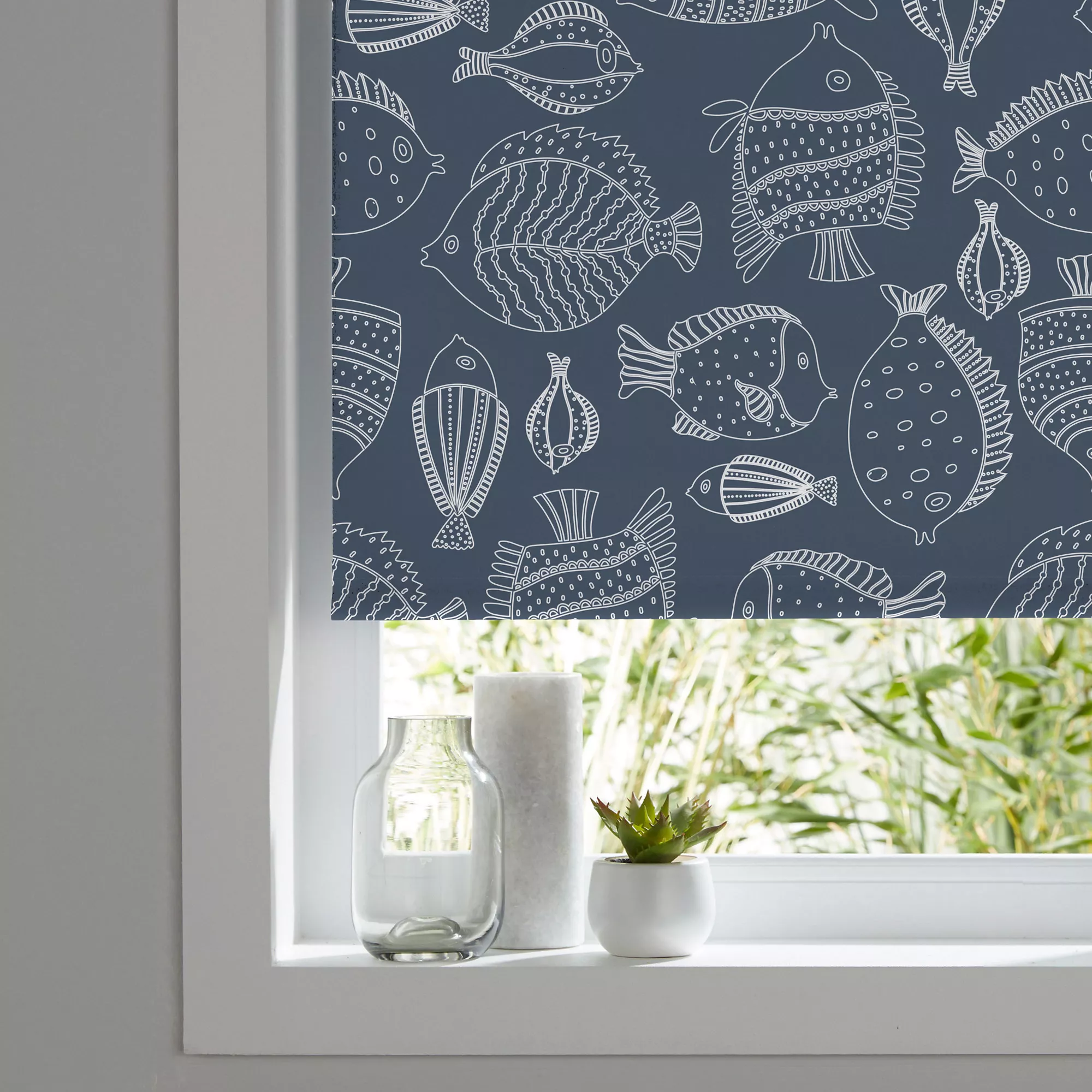 Kitchen & Bathroom Blinds Corded Fish Print Navy Blackout Roller Blind (W)90cm (L)180cm 3 Kitchen & Bathroom Blinds Corded Fish Print Navy Blackout Roller Blind (W)90cm (L)180cm
