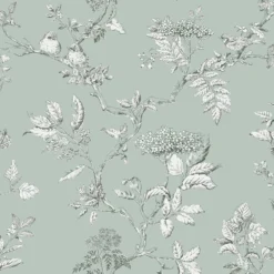 Laura Ashley Elderwood Duck Egg Floral Smooth Wallpaper