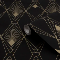 Next Deco Geometric Black Metallic Effect Smooth Wallpaper