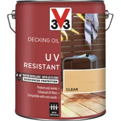 V33 Clear UV Resistant Decking Wood Oil, 5L -Trade Point Sale v33 clear uv resistant decking wood oil 5l3153895163095 08c bq