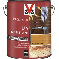 V33 Medium Oak UV Resistant Decking Wood Oil, 5L -Trade Point Sale v33 medium oak uv resistant decking wood oil 5l3153895163101 08c bq