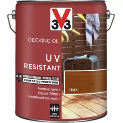 V33 Teak UV Resistant Decking Wood Oil, 5L -Trade Point Sale v33 teak uv resistant decking wood oil 5l3153895163118 08c bq